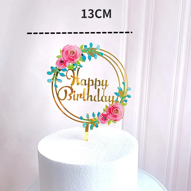 Neuer Happy Birthday Kuchenaufsatz mit Blumenmotiv, Goldener Acryl-Dessert-Dekor für Babyparty-Geschenke – Detail 12