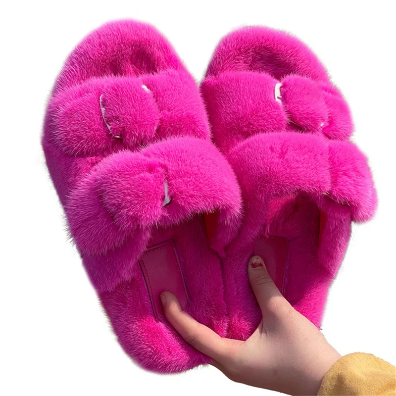 

2021 Ladies Slippers Luxury Brand Designer Shoes Women Soft Sole Real Mink Fur Slippers Ladies Furniture Slippers Plush Shoes