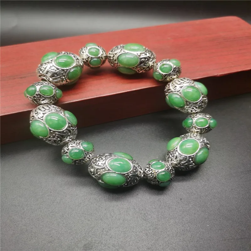 China Old Tibetan Silver Inlaid Green Colour Jade Bead Hand String Bracelet