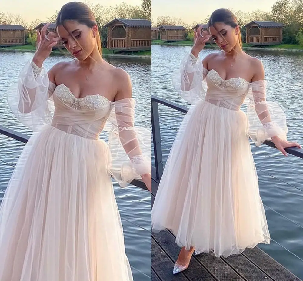 Short Champagne Wedding Dress 2023 Sweetheart Appliques Puff Sleeve A-Line Tulle Party Dress Ankle Length Robe De Fête For Women