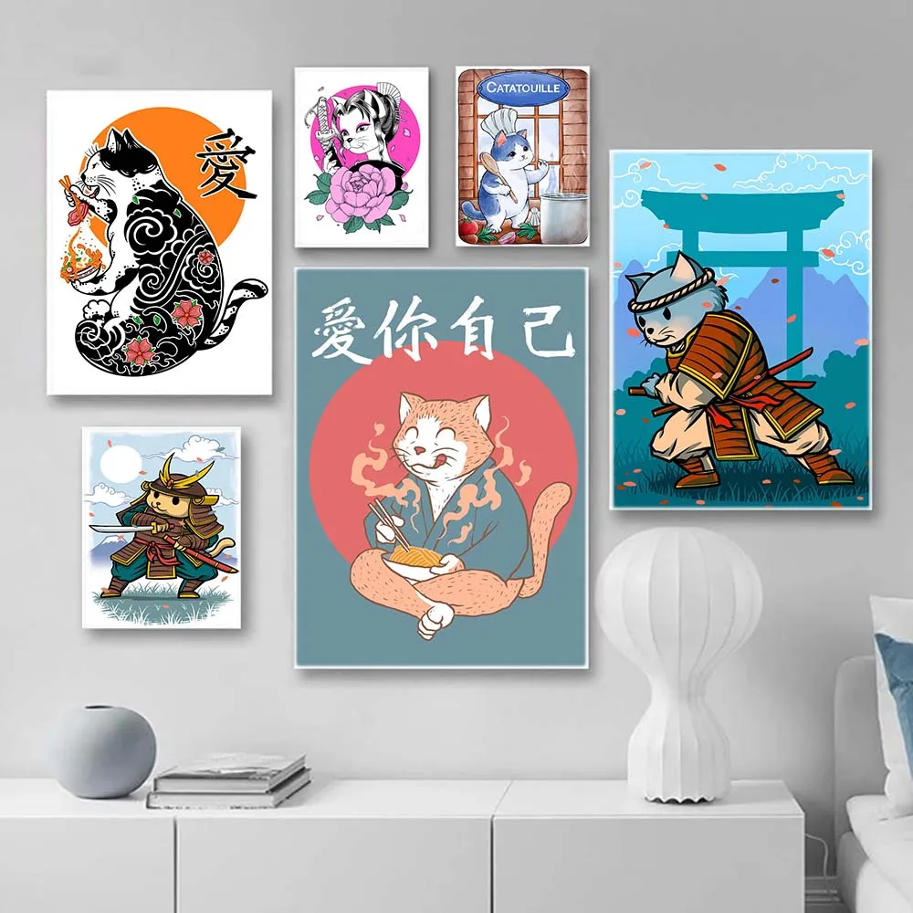 Japanese Style Food Cats Love Quotes Posters Prints Oriental Kitchen Wall Art Pictures Home Restaurant Decor Canvas Paintings