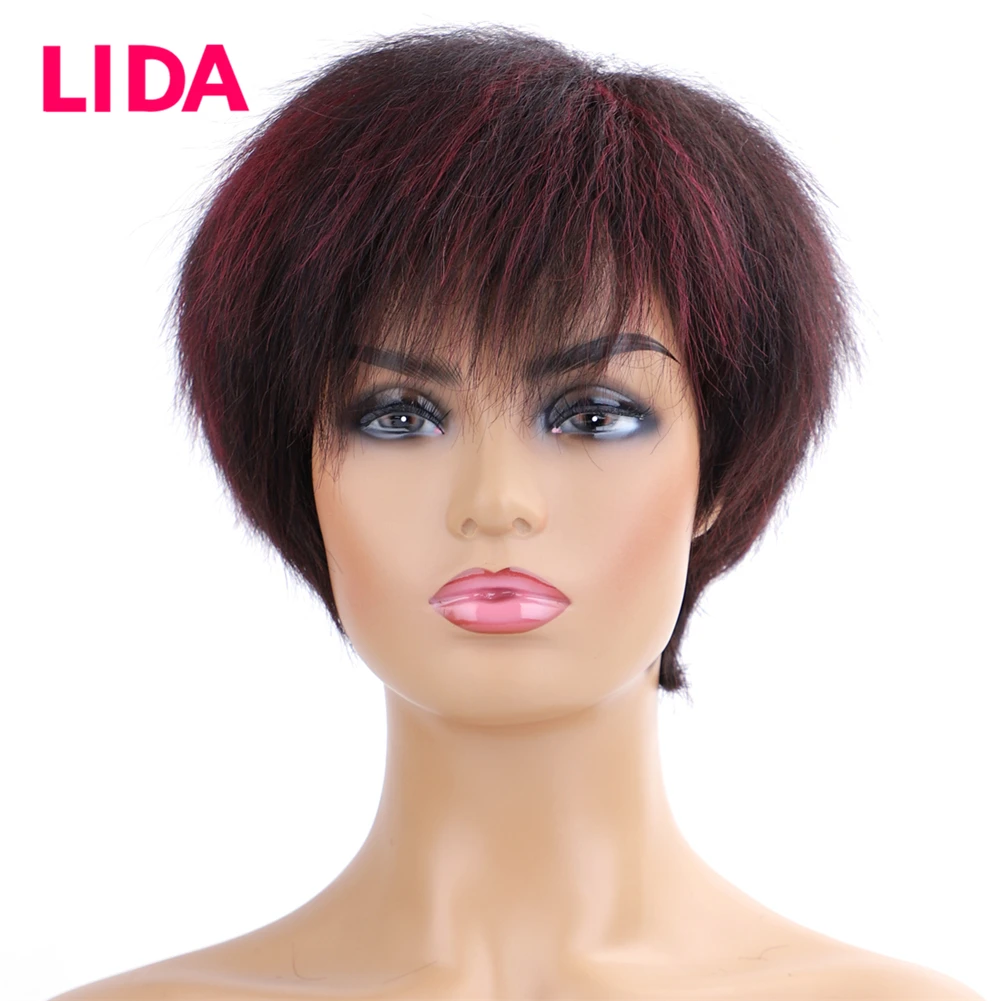 

LIDA Short Wig 100% Brazilian Human Hair Super Wig Mixed Color 150% Density Non-Remy Full Machine Made Wig