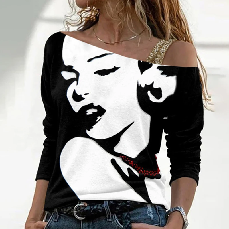 

Spring/Autumn Women's New Y2K Retro Face Print Long Sleeve Off Shoulder Pullover Korean Fashion Pullover Sweatshirt 2021 Egirl