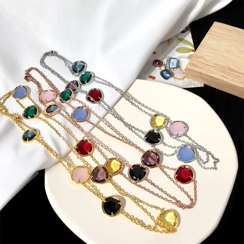 

90cm Double Layer Long Sweater Chains Necklace Candy Style Crystal Gemstones Accessories Charms For Women Fashion Jewelry