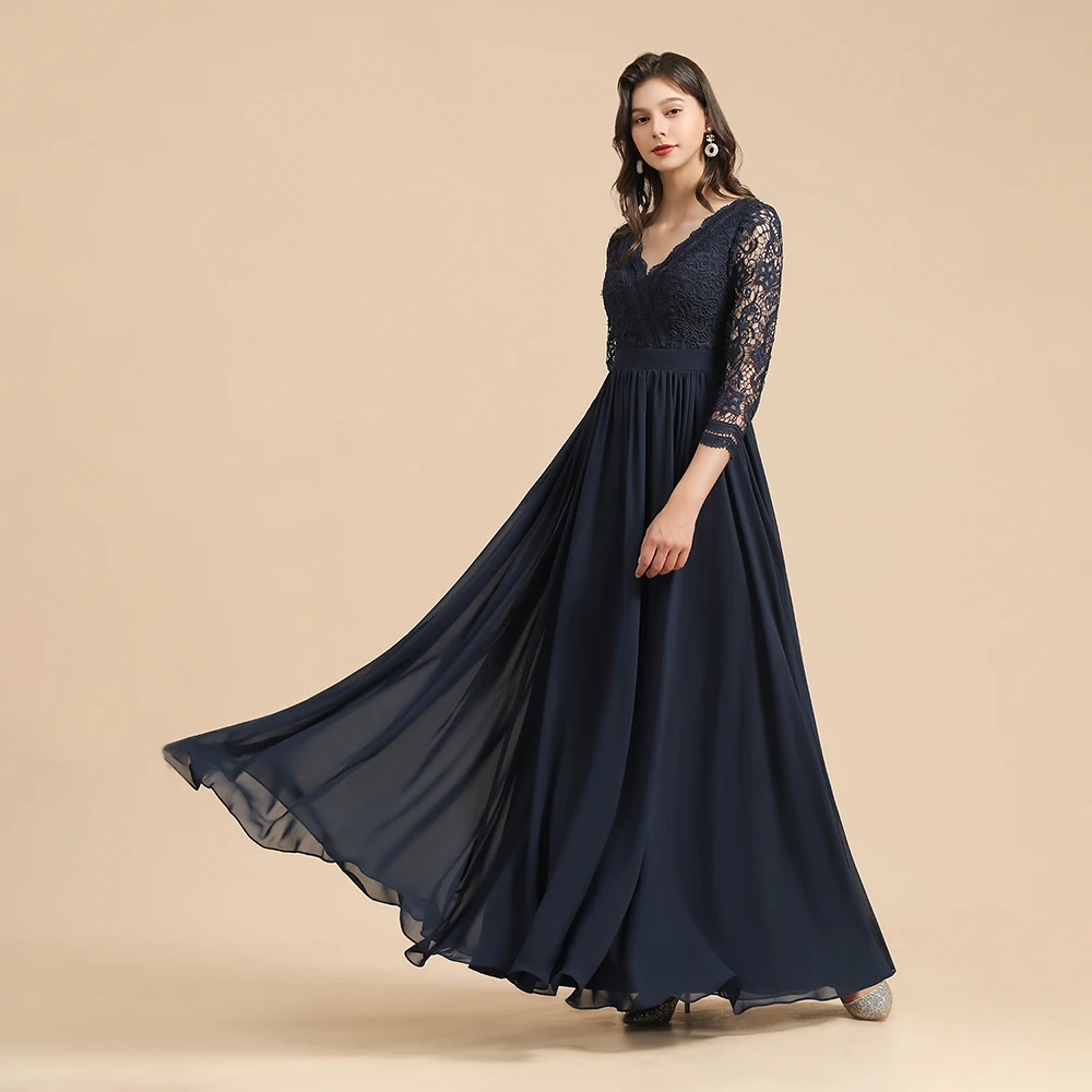 MisShow BM3018 Custom Navy Blue Bridesmaid Dresses Autumn Winter 3/4 Sleeves V-Neck Backless Evening Dress Robe de soiree