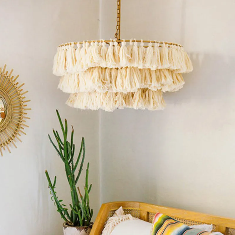 

Designer Fela Tassel Chandelier Vintage Bohemian Pendant Lamp Bedroom Living Room Restaurant Decor Art Cotton Hanging Lights