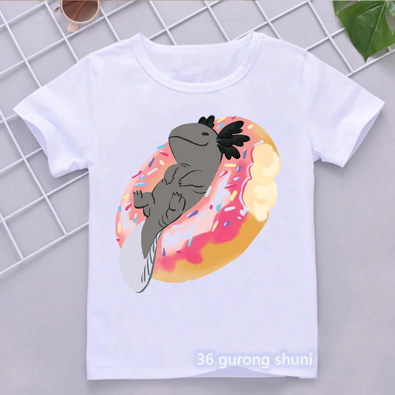 Donut Axolotl Cartoon Print T-Shirt Girls/Boys Kawaii Kids Clothes 3-15 Years Toddler T Shirt Harajuku Shirt Summer Tops Tee