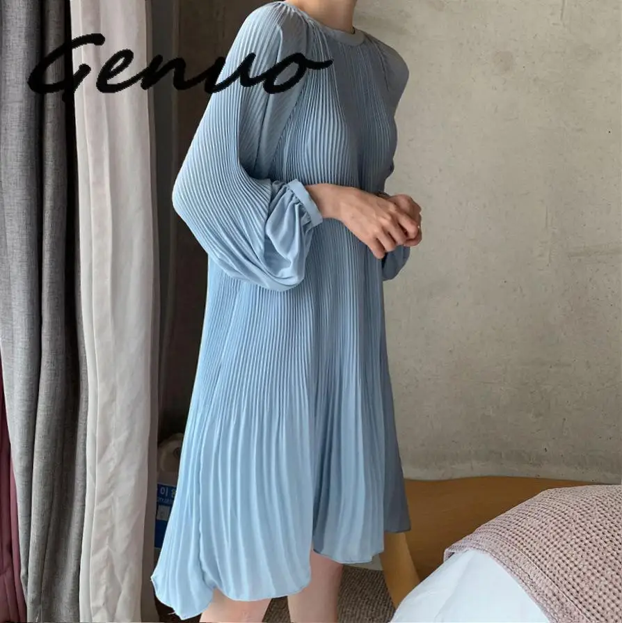 

Genuo 2020 New Korean Summer Fashion Women Clothes Vacation Dresses Lantern Sleeves Pullover Loose Chiffon Dress Pleated