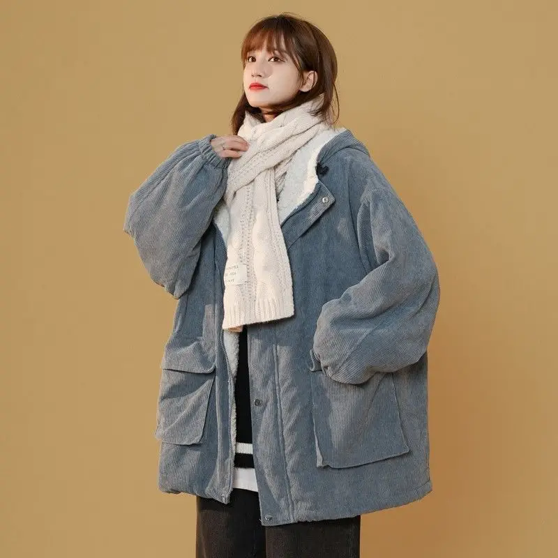 Parkas Women Hooded Corduroy Fashion Korean Style Aesthetic All Match Thicken Simple Tender Collage Winter Street Wear Loose