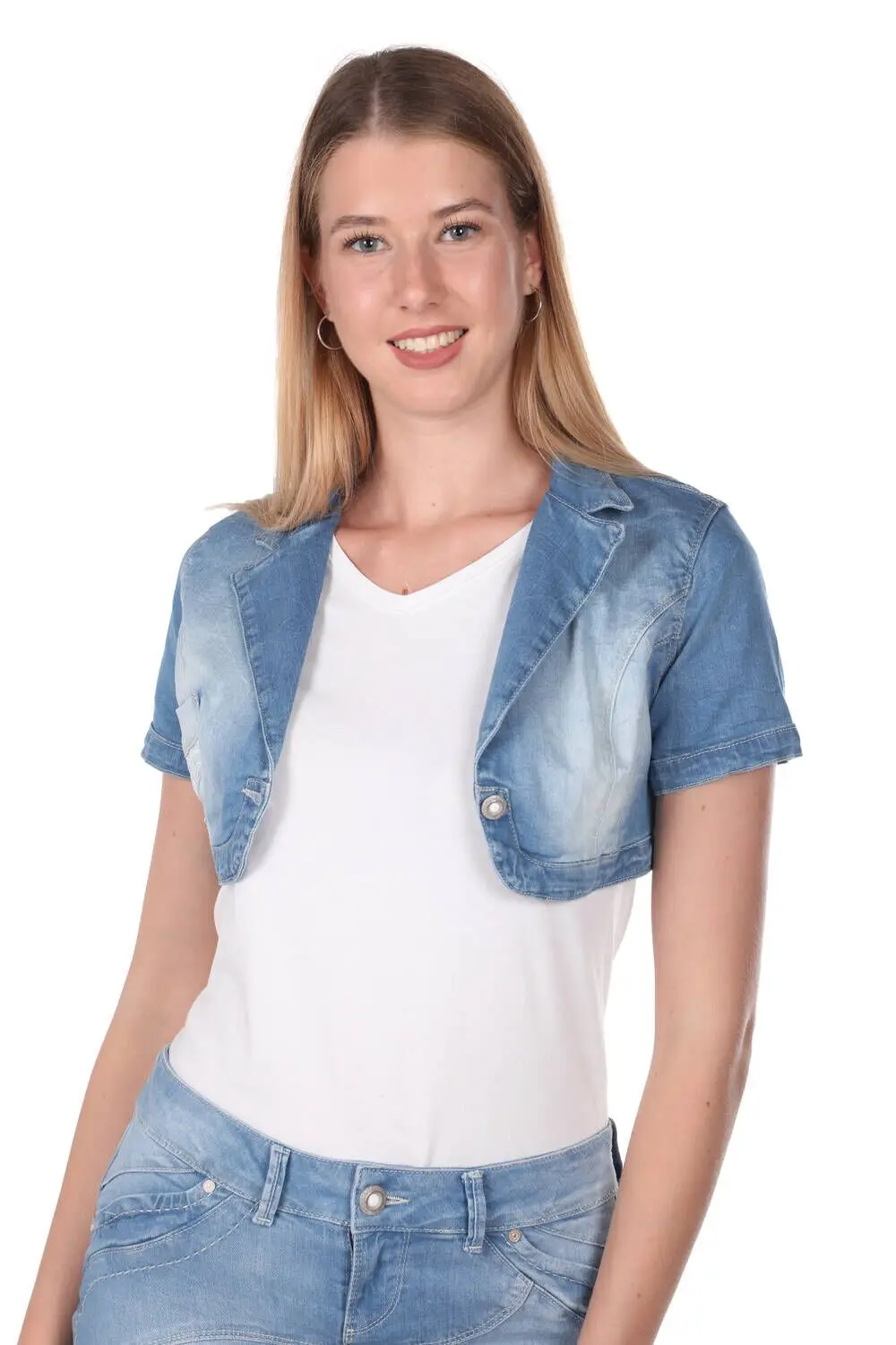 Blue White Summer Women Short-Sleeve Jean Casual Bolero