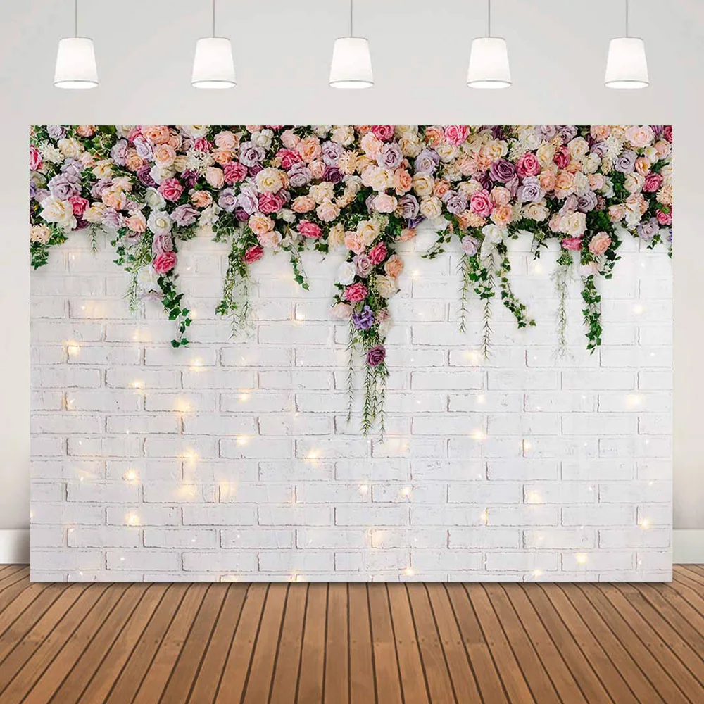 

Floral Brick Wall Backdrop Flowers Rose Warm White Wedding Photography Background Bridal Shower Photocall Boda Photo Studio