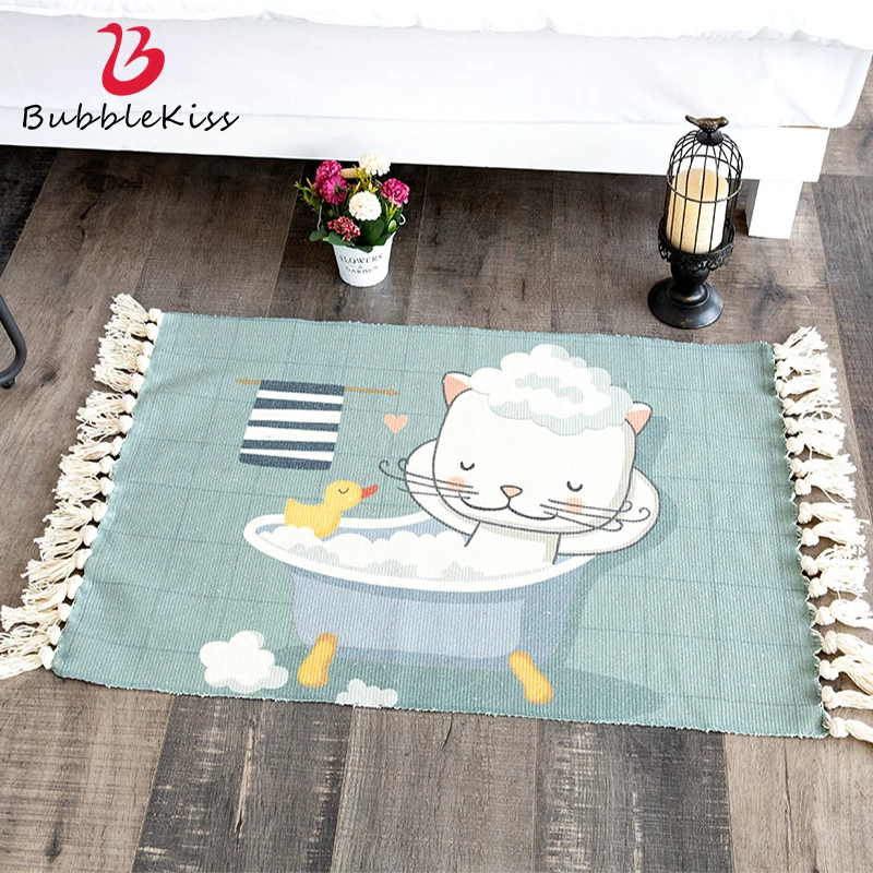 Bubble Kiss Cartoons Carpet Nordic Style Tassel Floor Mat Cotton Linen Non-Slip Rug Home Wall Tapestry Decor Hand Woven Carpet