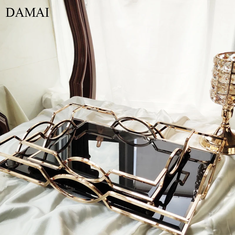 Creative European Mirror Trays Glass Rectangular Geometry Iron Decorative Cosmetic Perfume Storage Tray Dressing Table Decor