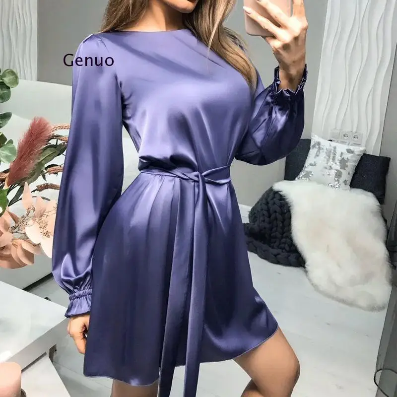 Women Casual O-Neck Satin Mini Dress Solid Lantern Sleeve Sashes a Line Party Dress 2021 New Fishtion Autumn Women Elegant Dress