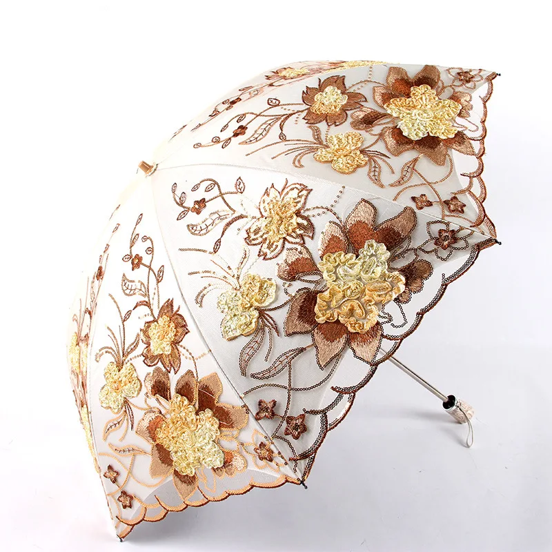 Ladies Sun Umbrella Rain Woman Lace Clear Folding Umbrella Windproof Embroidery Cloth Parasol Black Coating Parapluie Gift