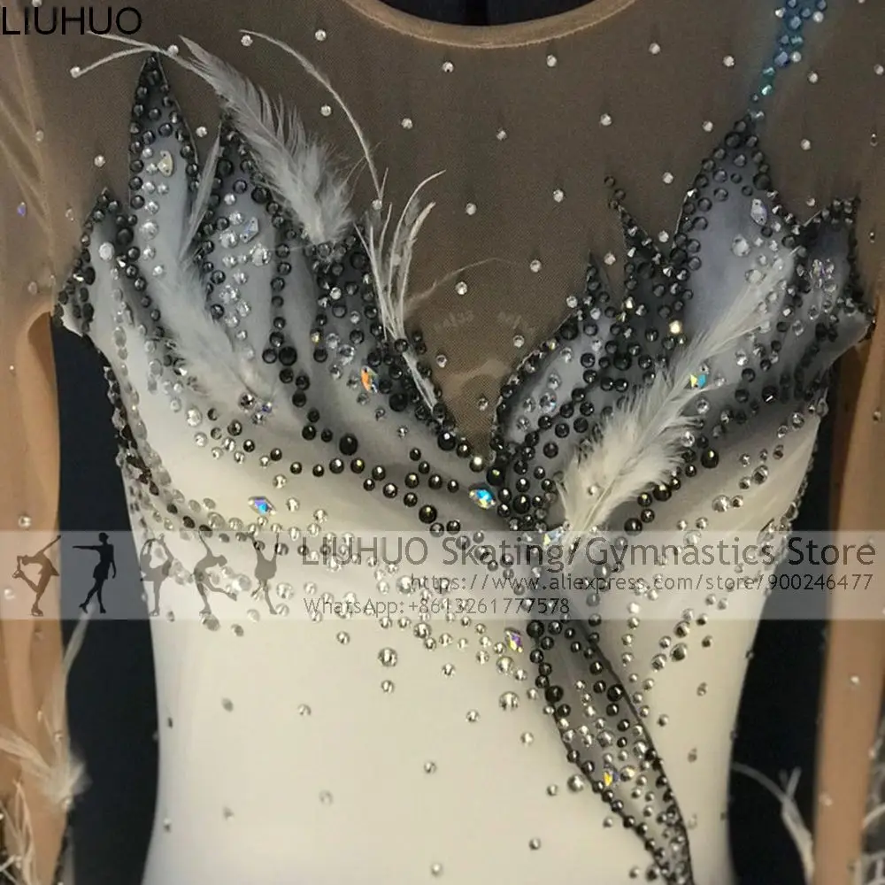 Ice Figure Skating Dress Women Girls White Feather Competition Costumes Teens Skating Dress Female Dancewear Wholesal