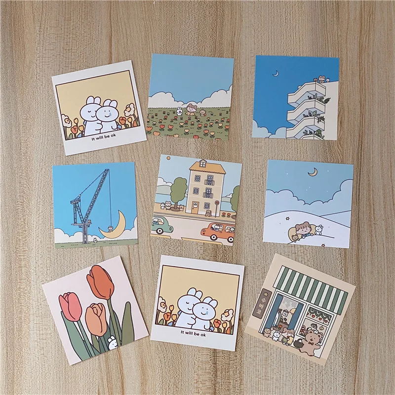 9Pcs Leuke Meisje Konijn Dubbelzijdig Decoratieve Kaart Vierkante Achtergrond Journal Album Muursticker Foto Props Briefpapier Gift