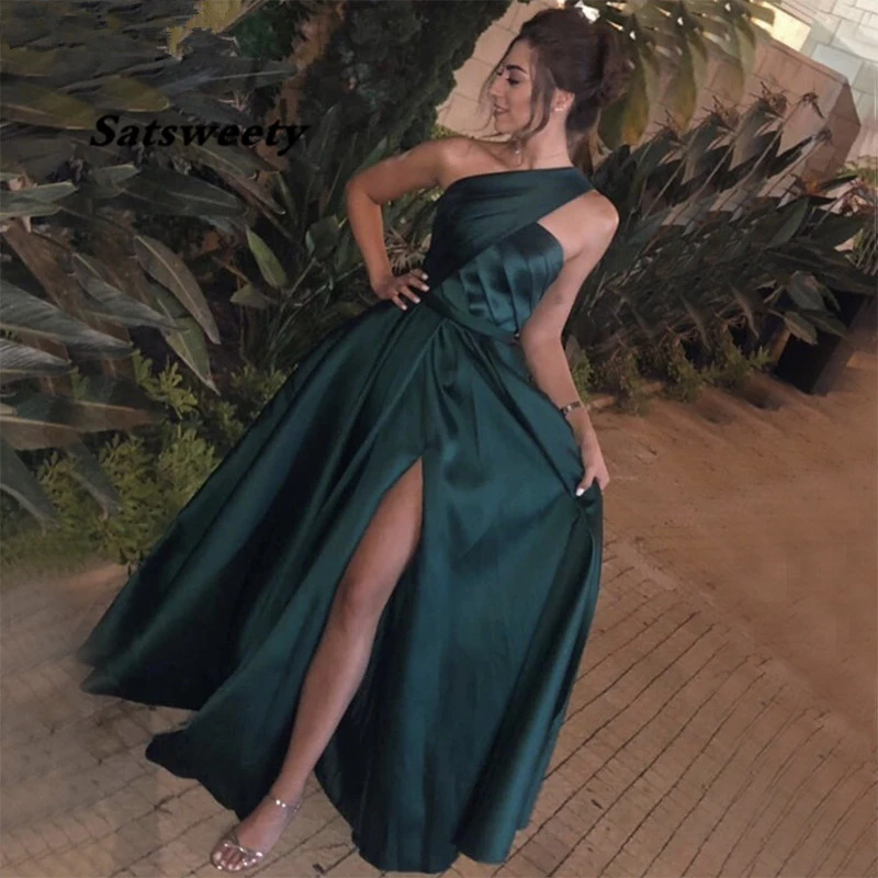 Green One Shoulder Evening Dress Satin 2024 Sleeveles Simple Evening Gowns Long Abiye Gece Elbisesi