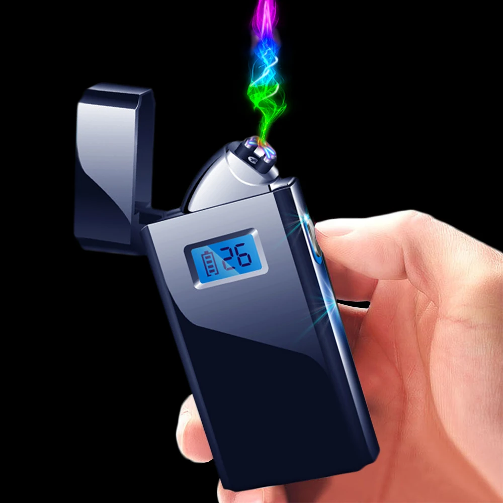 Metal portable rechargeable double arc plasma USB cycle charging lighter display usage windproof smoking parts Men's gadget