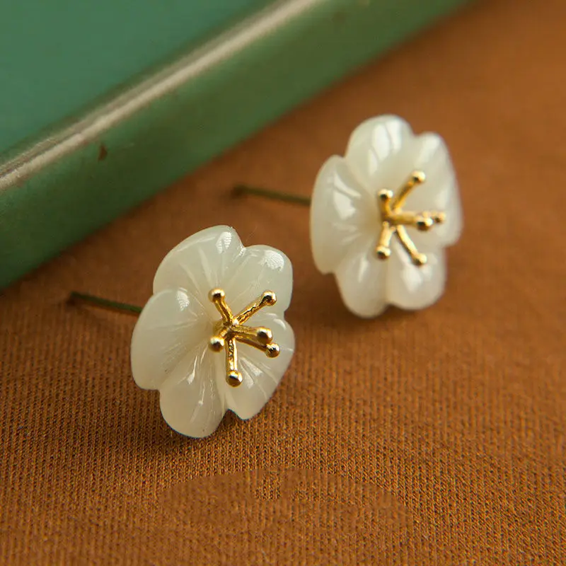 SNew silver Hetian white Chalcedony plum earrings small craftsmanship niche design fairy fresh and lovely women\'s brand jewelry