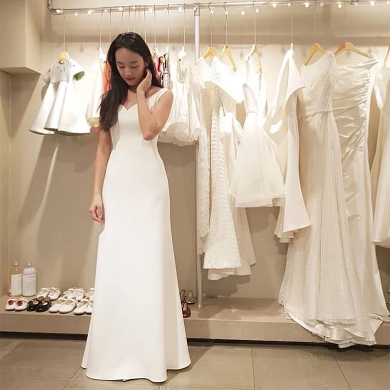 2020 abito da sposa semplice da spiaggia scollo a v senza maniche A-line abito da sposa bianco avorio elegante Vestido De Novia corea abiti da sposa