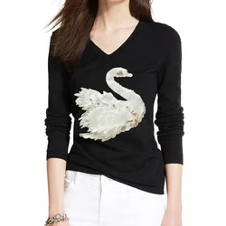 2021 Summer Women Casual Embroidered T Shirts 3D Black Swan Beading Full Sleeve Tees Feminino Woman Solid Leisure T-shirt Tops