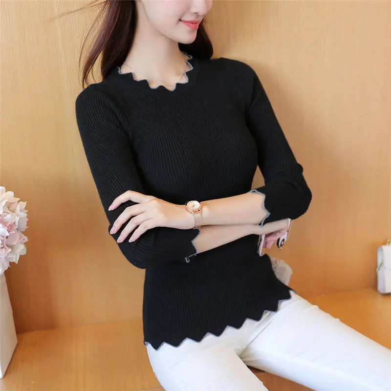 Spring and autumn new black and white inner knit long-sleeved sweater bottoming sweaters women slim tight lace collar