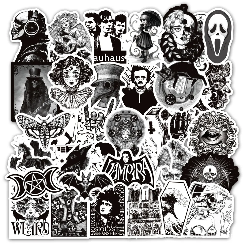 50Pcs Black White Gothic Style Horror Thriller Stickers Cool Pegatina for DIY Laptop Skateboard Luggage Guitar Decals Sticker