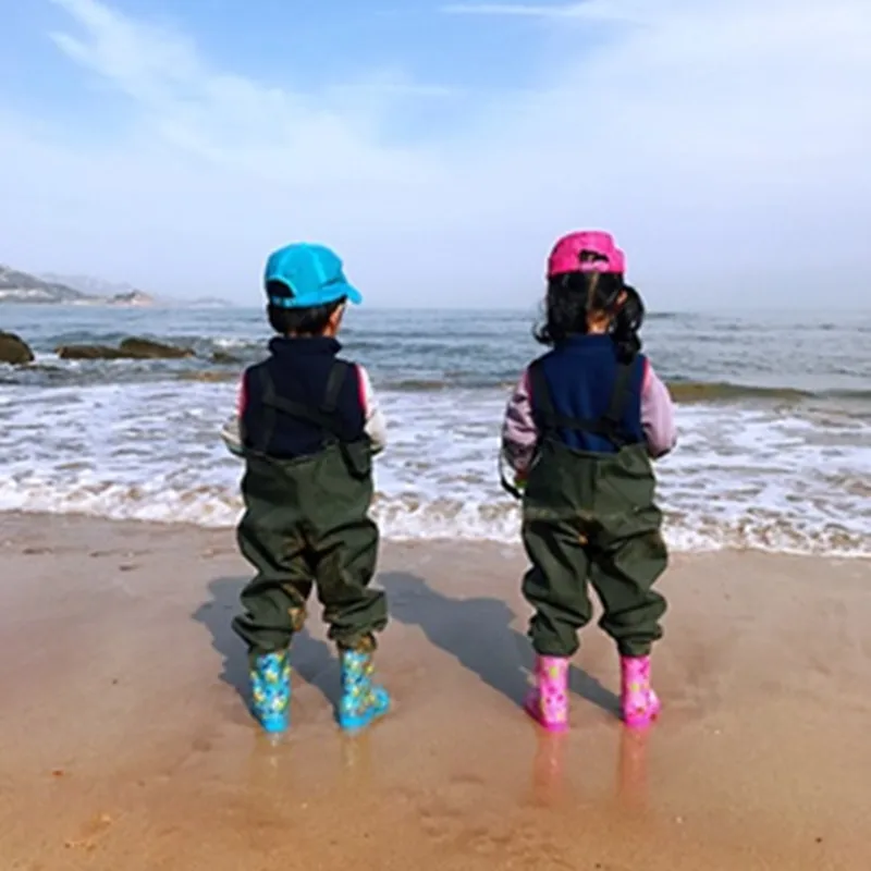 Kids PVC Outdoor Waterproof Breathable Waist Waders Rompers Pants Shoes Children Camping Fishing Fork Siamese Rain Trouser Boots