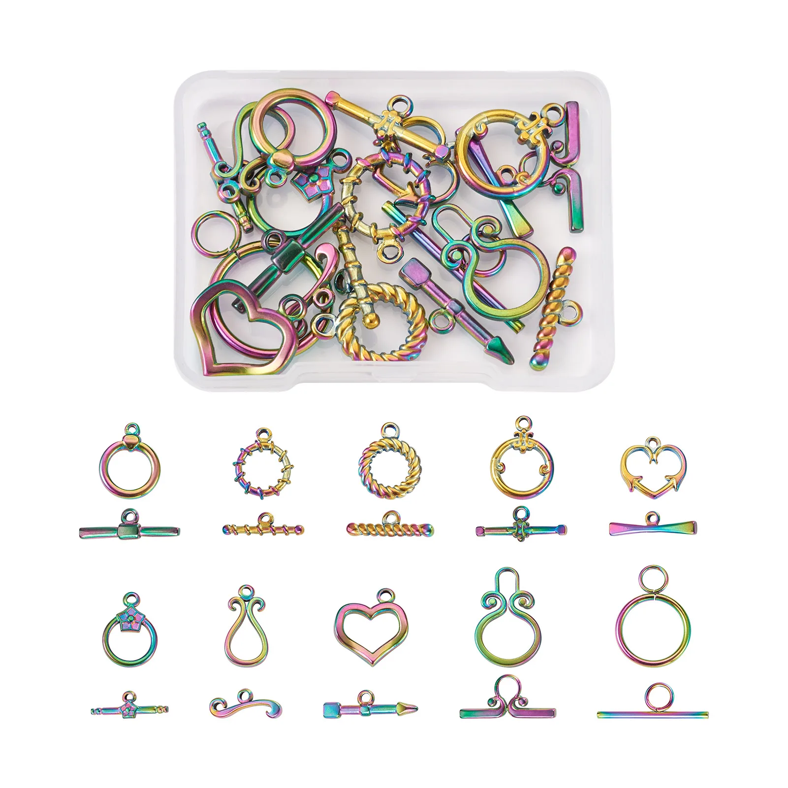 1 Box Multicolor 304 Stainless Steel & Tibetan Style Alloy Ring Toggle Clasps For DIY Bracelet Necklace Jewelry Making Findings