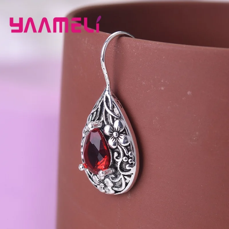 Retro Palace Royal Style Waterdrop Earring for Women Antique 925 Sterling Silver Red Zircon Flower Carving Pendientes