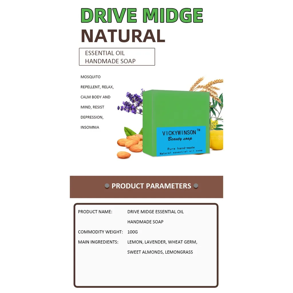 Vickywinson drive midge óleo essencial sabonete artesanal 100g repelente de mosquito relaxar corpo calmo e mente, resistir à depressão insônia