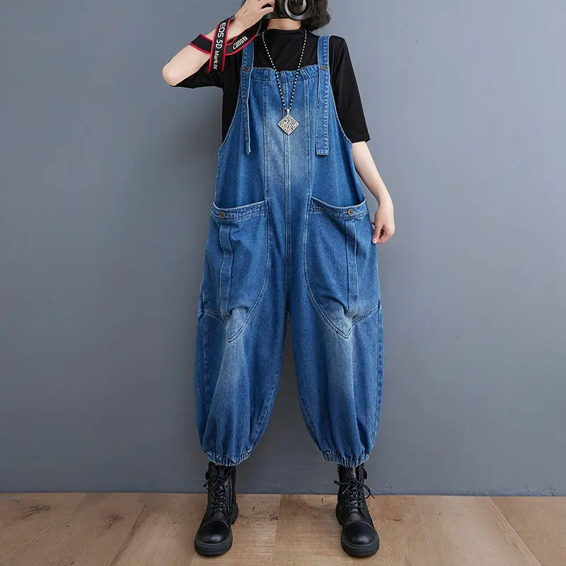 Jumpsuit Women Denim Overalls Jeans Loose Casual Retro Vintage Fashion All-Match  Strap  Nine-Point Cargo Pants zh1614