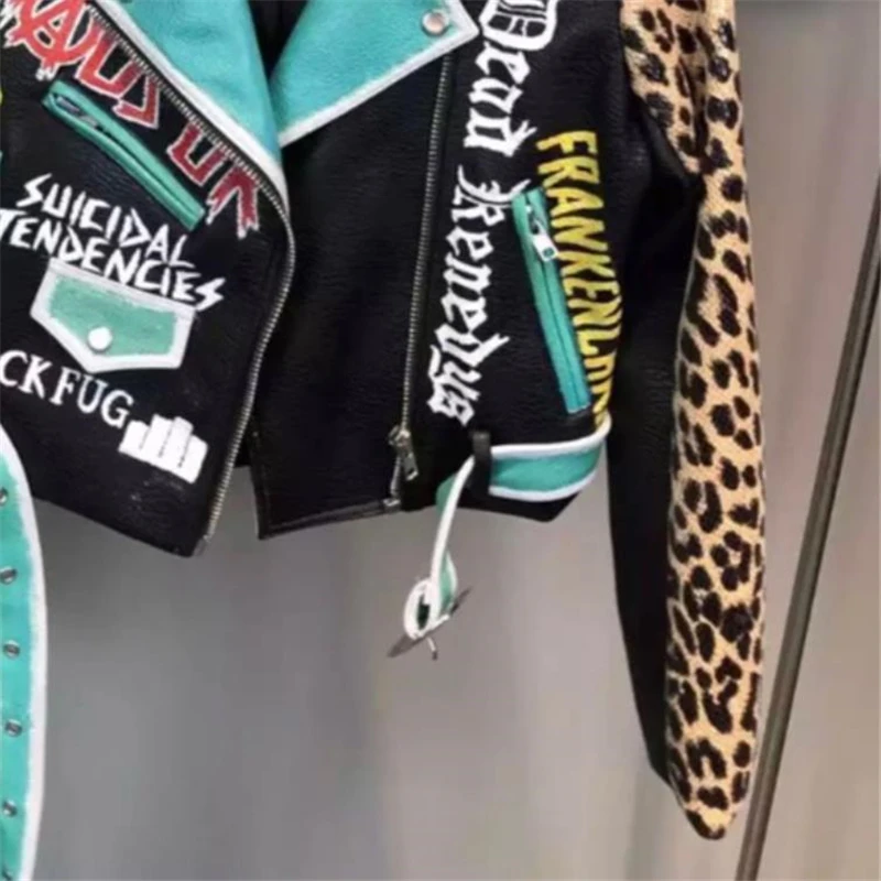 Chaqueta corta de cuero PU con estampado de leopardo para mujer, abrigo con solapa y cinturón, estilo motocicleta, primavera y otoño, Y1161