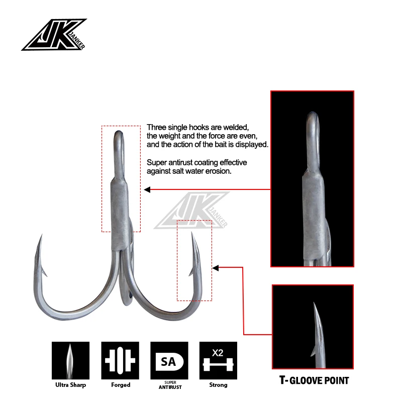 JK JT-27 Triple Fishing Gray 2X Treble Hooks 1box Fish Tees T-Gloove Point Round Bend Super Antirust Hook Sea Fishhooks Tackle