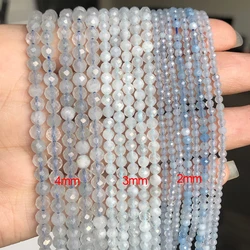 100% Natural Blue Aquamarines Gems Stone Bead Faceted Tiny Loose DIY Beads for Jewelry Making Handmade Bracelet 15inch 2/3/4mm