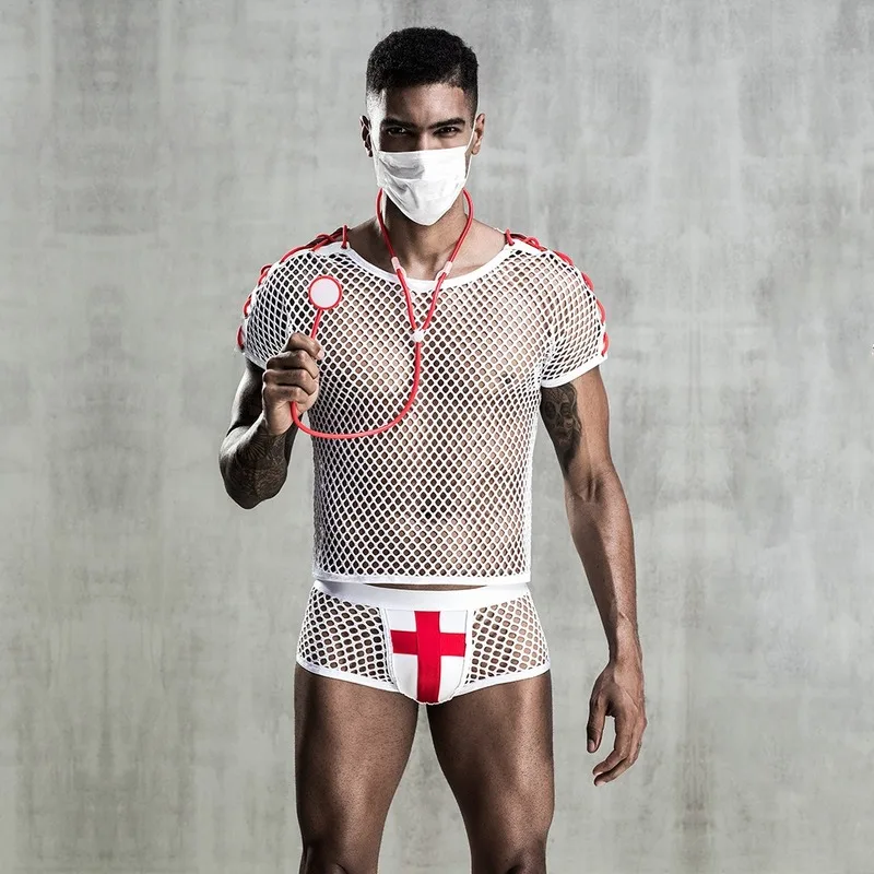 

Male Doctor Lingerie Uniform White Mesh Sexy Male Nurse Erotic Lingerie Uniform Adult Bar Performance Male Doctor Cosplays Set