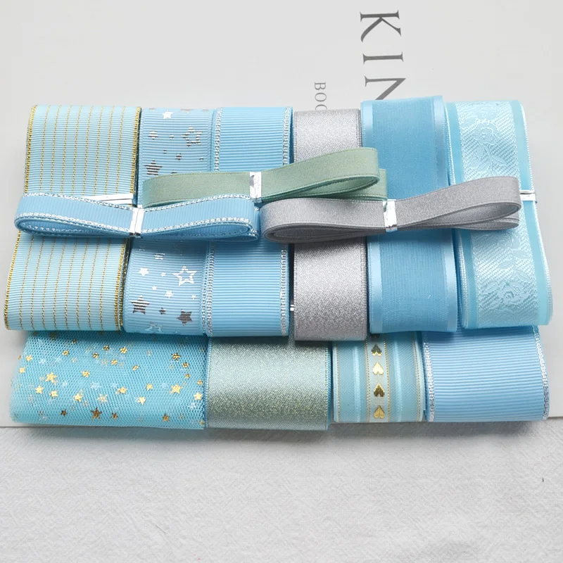 Classic Korea Style Blue Color Handmade Hair Bowknot Ribbon Set Flower Gift Packaging DIY HairAccessories Hairpin Badge(13 Meter