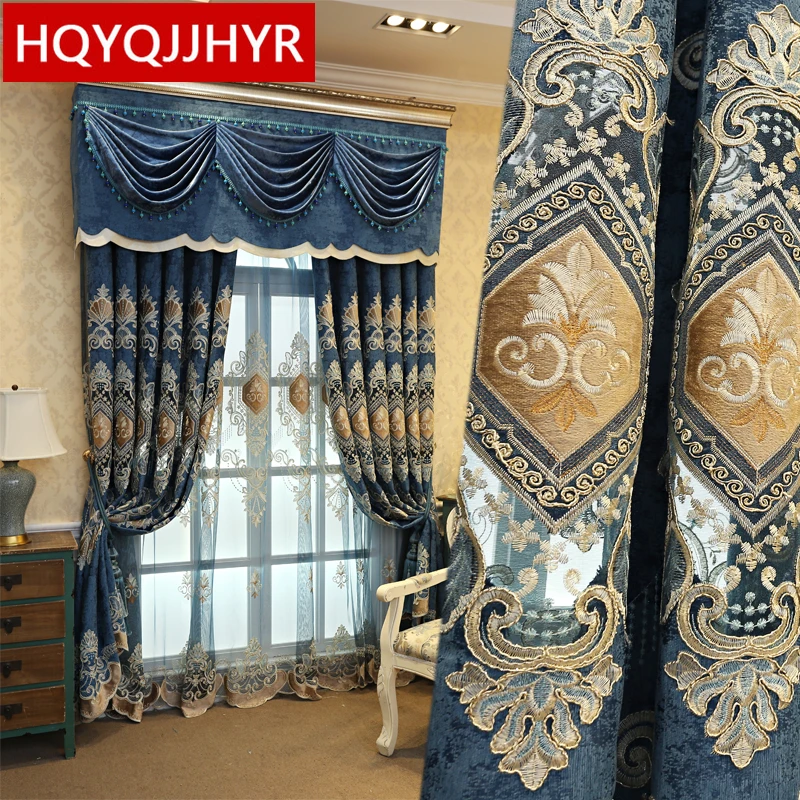 Modern classic blue embroidered curtains are used in the bedroom high-quality elegant villa curtains are used in the living room