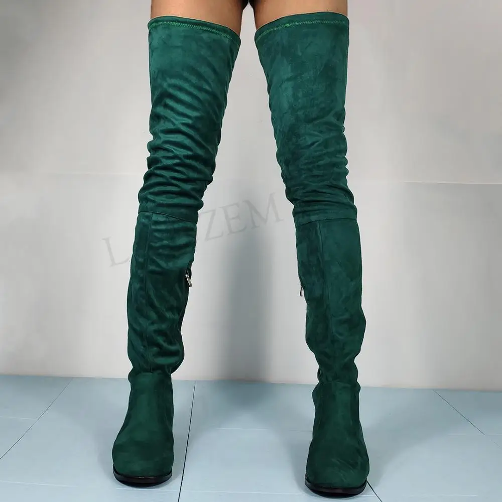 LAIGZEM, botas por encima de la rodilla para mujer, botas de tacón bajo con punta redonda, botas básicas altas hasta el muslo de gamuza sintética, zapatos de mujer de talla grande 42 45 52