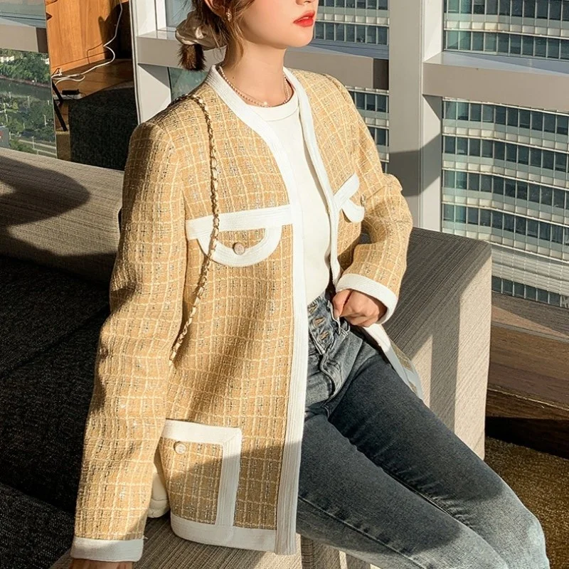 Autumn 2022 Fashion Women Mid Long Tweed Jacket Vintage Plaid Office Ladies Twill Coat Loose Fit Colors Mixed Outerwear Jackets