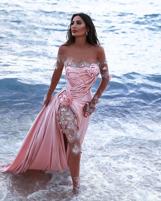 Aso Ebi Arabic Jumpsuits Evening Dresses Long Sleeve Off The Shoulder Split Prom Dresses Pink Formal Party Pageant Gowns