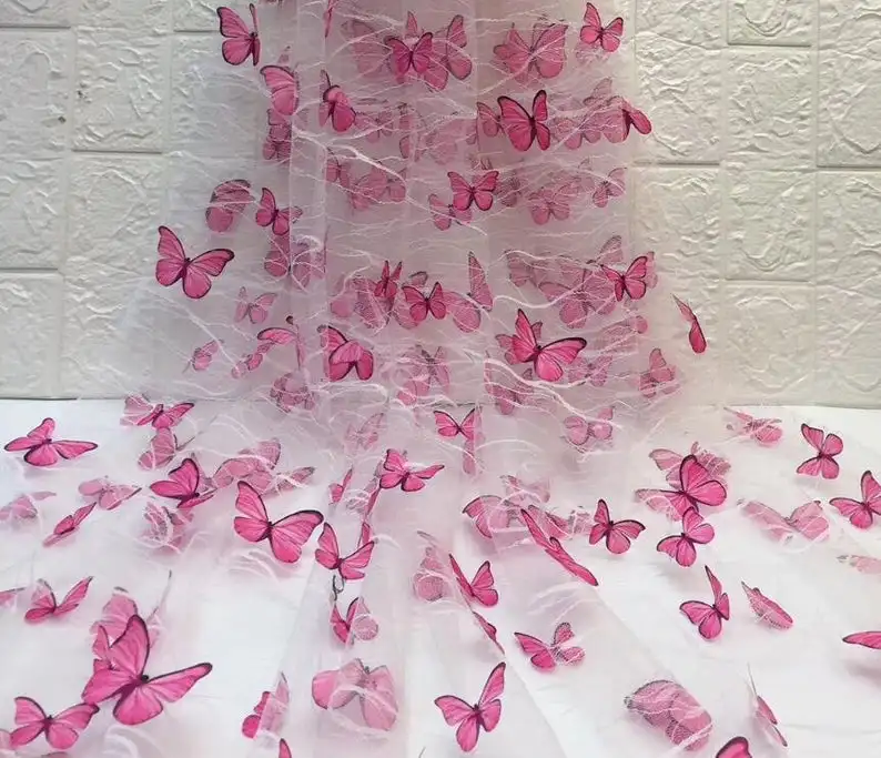 5 Yards 3D Butterfly Tulle Lace Fabric, Hot Pink Butterfly Applique On Off White Or Black Tulle In Branch Pattern, 3D Butterfly