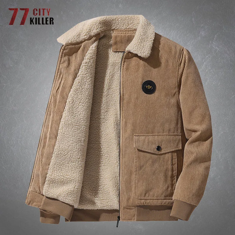 Fashion Corduroy Lamb Wool Fleece Warm Jacket Men Winter Casual Thicken Solid Color Fur Collar Loose Military Outwear Coats Male