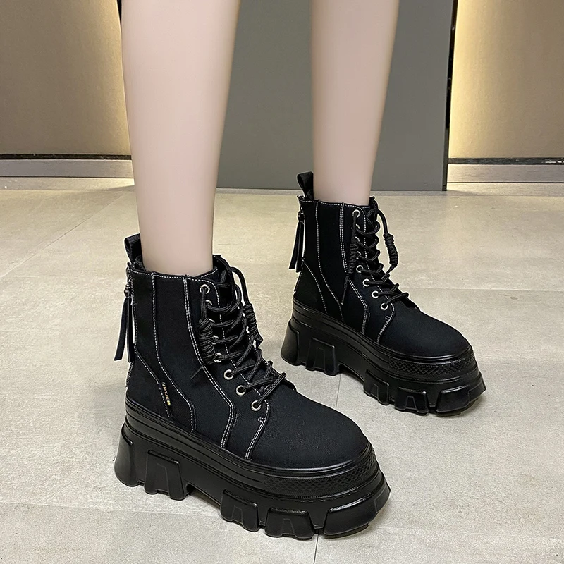 2021 Autumn Women Chunky Ankle Boots Casual Short Boots Women\'s 8cm High Heels Wedge Boots Shoes Woman Winter Platform Sneakers