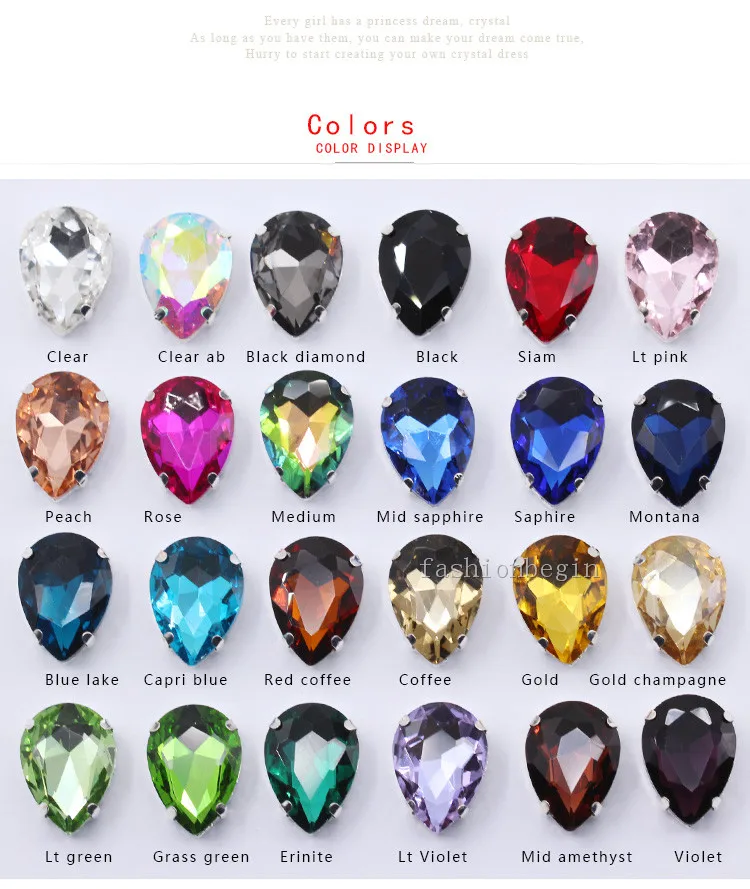 All-sizes 24-Colors Teardrop glass stones sew on crystal rhinestone diamantes silver claw apparel garment DIY sewing accessories