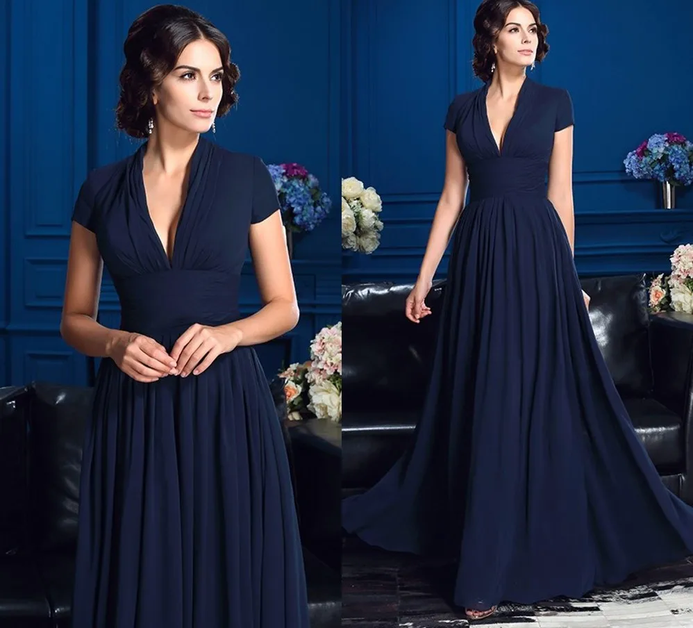 Modern Navy Blue Chiffon Evening Dresses 2024 V Neck Short Sleeves Pleated Prom Formal Party Gowns Vestidos Longo