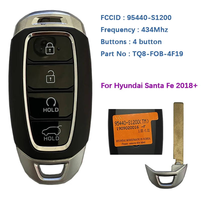 

CN020165 Aftermarket 4 Button Smart Key For Hyundai Santa Fe 2018+ Remote TQ8-FOB-4F19 433MHz 95440-S1200 Keyless Go