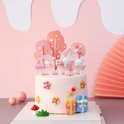 Schattige Roze Konijn Trein Cake Toppers Voor Meisje Kids Verjaardagstaart Kinderen Dag Party Baby Gelukkig Verjaardagslevering mooie Geschenken