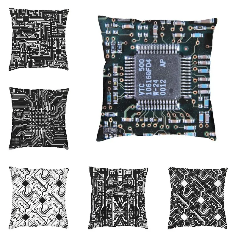 Black White Circuit Board Cushion Cover Computer Motherboard Programmer Tech Pillow Case for Car Fashion Pillowcase Decoration